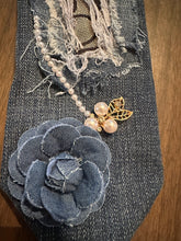 Load image into Gallery viewer, Upcycled Denim Necktie Necklace “Blessed &amp; Highly Favored” | Handmade Statement Necklace | Faith Inspired Denim Jewelry
