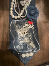 Load image into Gallery viewer, Upcycled Denim Necktie Statement Necklace with Pearls and “I Love Jesus” Charm | Handmade Christian Jewelry | Faith Inspired Statement Accessor
