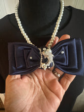 Load image into Gallery viewer, Elegant Navy Pearl Statement Bow Tie Necklace – Dolphin Brooch | 252 Bling Boutique
