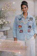 Load image into Gallery viewer, Faith Inspired Embellished Denim Jacket (Size Medium) | Custom Christian Statement Jacket
