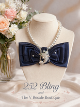 Load image into Gallery viewer, Elegant Navy Pearl Statement Bow Tie Necklace – Dolphin Brooch | 252 Bling Boutique

