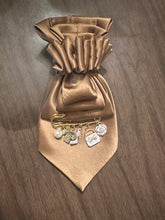 Load image into Gallery viewer, Champagne Satin Statement Bow Necklace with Charm Detail SculptFold™ Necktie Necklace
