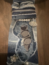 Load image into Gallery viewer, “Stay Prayed Up” Distressed Denim Statement Tie | Pearl &amp; Rhinestone Faith Accessory
