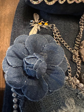 Load image into Gallery viewer, Upcycled Denim Necktie Necklace “Blessed” | Pearl Statement Necklace | Coach Denim Jewelry | Handmade Wearable Art
