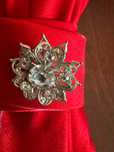 Load image into Gallery viewer, Red Satin Statement Necktie Necklace with Lucite Elephant Brooch &amp; Crystal Floral Accent
