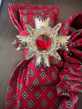 Load image into Gallery viewer, Red Upcycled Necktie Necklace with Jeweled Brooch &amp; Pearls
