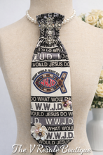 Load image into Gallery viewer, WWJD Christian Necktie Statement Necklace with Cross Brooch | Faith Inspired Handmade Jewelry | Christian Boutique Statement Necklace
