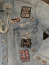 Load image into Gallery viewer, Faith Inspired Embellished Denim Jacket (Size Medium) | Custom Christian Statement Jacket
