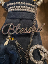 Load image into Gallery viewer, Upcycled Denim Necktie Necklace “Blessed” | Pearl Statement Necklace | Coach Denim Jewelry | Handmade Wearable Art
