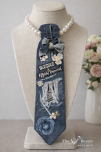 Load image into Gallery viewer, Upcycled Denim Necktie Necklace “Blessed &amp; Highly Favored” | Handmade Statement Necklace | Faith Inspired Denim Jewelry
