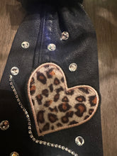 Load image into Gallery viewer, “FIERCE” Black Statement Tie Necklace with Rhinestones &amp; Leopard Heart Accents – Bold Upcycled Fashion Piece
