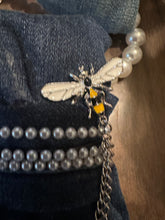 Load image into Gallery viewer, Upcycled Denim Necktie Necklace “Blessed” | Pearl Statement Necklace | Coach Denim Jewelry | Handmade Wearable Art
