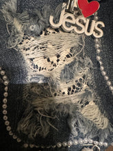 Load image into Gallery viewer, Upcycled Denim Necktie Statement Necklace with Pearls and “I Love Jesus” Charm | Handmade Christian Jewelry | Faith Inspired Statement Accessor
