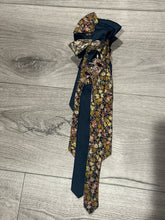 Load image into Gallery viewer, Navy &amp; Floral Layered Statement Necktie with Jeweled Brooch | 17-Inch Women’s Tie
