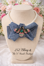 Load image into Gallery viewer, SculptFold™ Denim Bow Statement Necklace – Bee Embellished Designer-Inspired Piece
