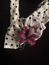 Load image into Gallery viewer, Polka Dot Ruffle Statement Tie Necklace with Rhinestone Floral Brooch
