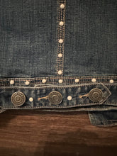 Load image into Gallery viewer, Women’s Upcycled Denim Statement Vest | Pearl &amp; Rhinestone Embellished | “God’s Girl” Patchwork Fashion Vest
