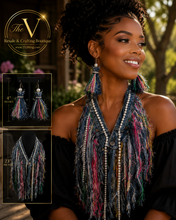Load image into Gallery viewer, Denim Pearl Statement Necklace Set | Upcycled Fringe Jewelry with Matching Earrings
