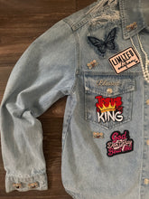 Load image into Gallery viewer, Faith Inspired Embellished Denim Jacket (Size Medium) | Custom Christian Statement Jacket
