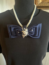 Load image into Gallery viewer, Elegant Navy Pearl Statement Bow Tie Necklace – Dolphin Brooch | 252 Bling Boutique
