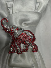 Load image into Gallery viewer, White Satin Statement Tie Necklace with Red Rhinestone Elephant Brooch | Pearl &amp; Crystal Couture Accessory
