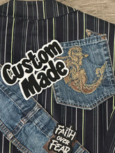 Load image into Gallery viewer, Women’s Size 16 Upcycled Denim Blazer | One-of-a-Kind Faith-Inspired Patchwork Statement Jacket
