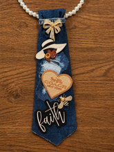 Load image into Gallery viewer, Denim Statement Necklace – Pearl Chain with Embellished Afrocentric Patchwork Pendant
