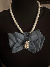 Load image into Gallery viewer, Denim Bow Pearl Statement Necklace with Rhinestone Center SculptFold™ Bow Necklace
