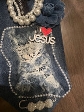Load image into Gallery viewer, Upcycled Denim Necktie Statement Necklace with Pearls and “I Love Jesus” Charm | Handmade Christian Jewelry | Faith Inspired Statement Accessor
