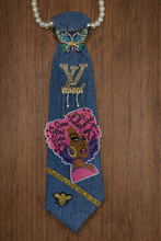 Load image into Gallery viewer, Embellished Denim Tie Necklace – Afrocentric Statement Piece with Pearl Strand &amp; Butterfly Brooch
