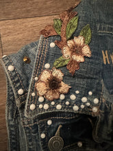 Load image into Gallery viewer, Women’s Upcycled Denim Statement Vest | Pearl &amp; Rhinestone Embellished | “God’s Girl” Patchwork Fashion Vest
