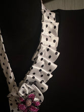 Load image into Gallery viewer, Polka Dot Ruffle Statement Tie Necklace with Rhinestone Floral Brooch
