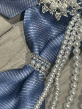 Load image into Gallery viewer, Lady Blue Pearl | Handmade Upcycled Women’s Statement Necktie with Cascading Pearls &amp; Crystal Brooch
