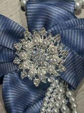 Load image into Gallery viewer, Lady Blue Pearl | Handmade Upcycled Women’s Statement Necktie with Cascading Pearls &amp; Crystal Brooch
