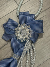 Load image into Gallery viewer, Lady Blue Pearl | Handmade Upcycled Women’s Statement Necktie with Cascading Pearls &amp; Crystal Brooch
